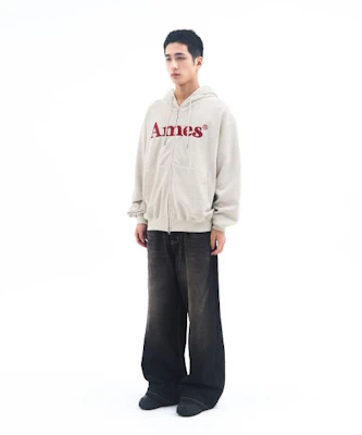 AMES WORLDWIDE Basic Logo Zip-Up Hoodie Oatmeal AM2EFUM481AOT 1