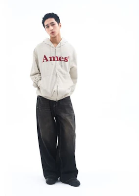AMES WORLDWIDE Basic Logo Zip-Up Hoodie Oatmeal AM2EFUM481AOT 2