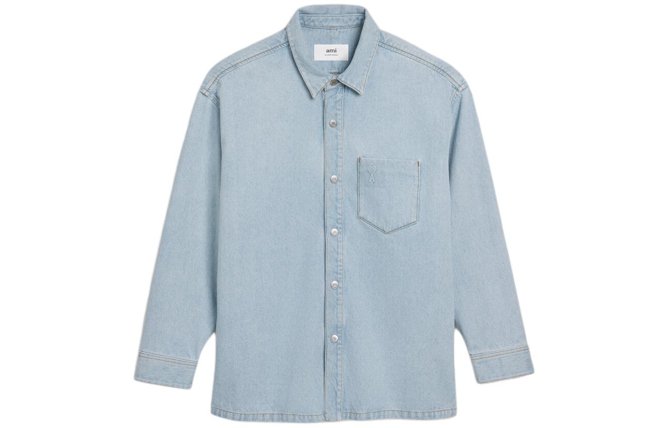 AMI PARIS 3D Heart Embossed Denim Jacket Unisex Light Blue Long Sleeve UJK253DE0027