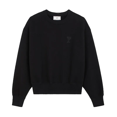 AMI Paris Black Crewneck Sweatshirt with Heart Logo Embroidery Patch. P20HJ040736-001