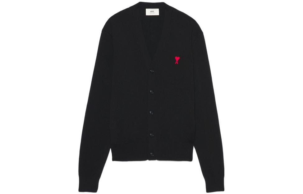AMI Paris  Black Wool V-Neck Sweater with Red Heart Logo. BFHKC001.001-001
