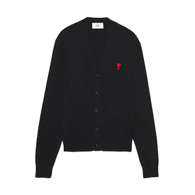 AMI Paris Black Wool V-Neck Sweater with Red Heart Logo. BFHKC001.001-001