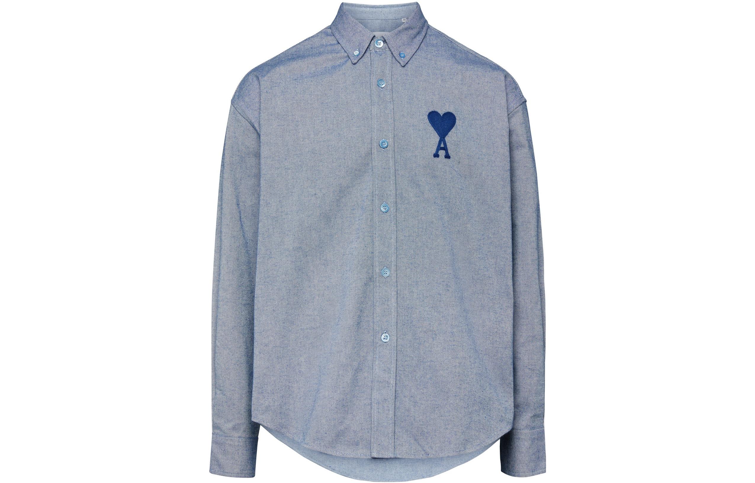 AMI PARIS  Blue Long Sleeve Shirt with Heart Embroidery. USH124418-450