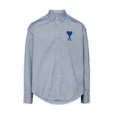 AMI PARIS Blue Long Sleeve Shirt with Heart Embroidery. USH124418-450