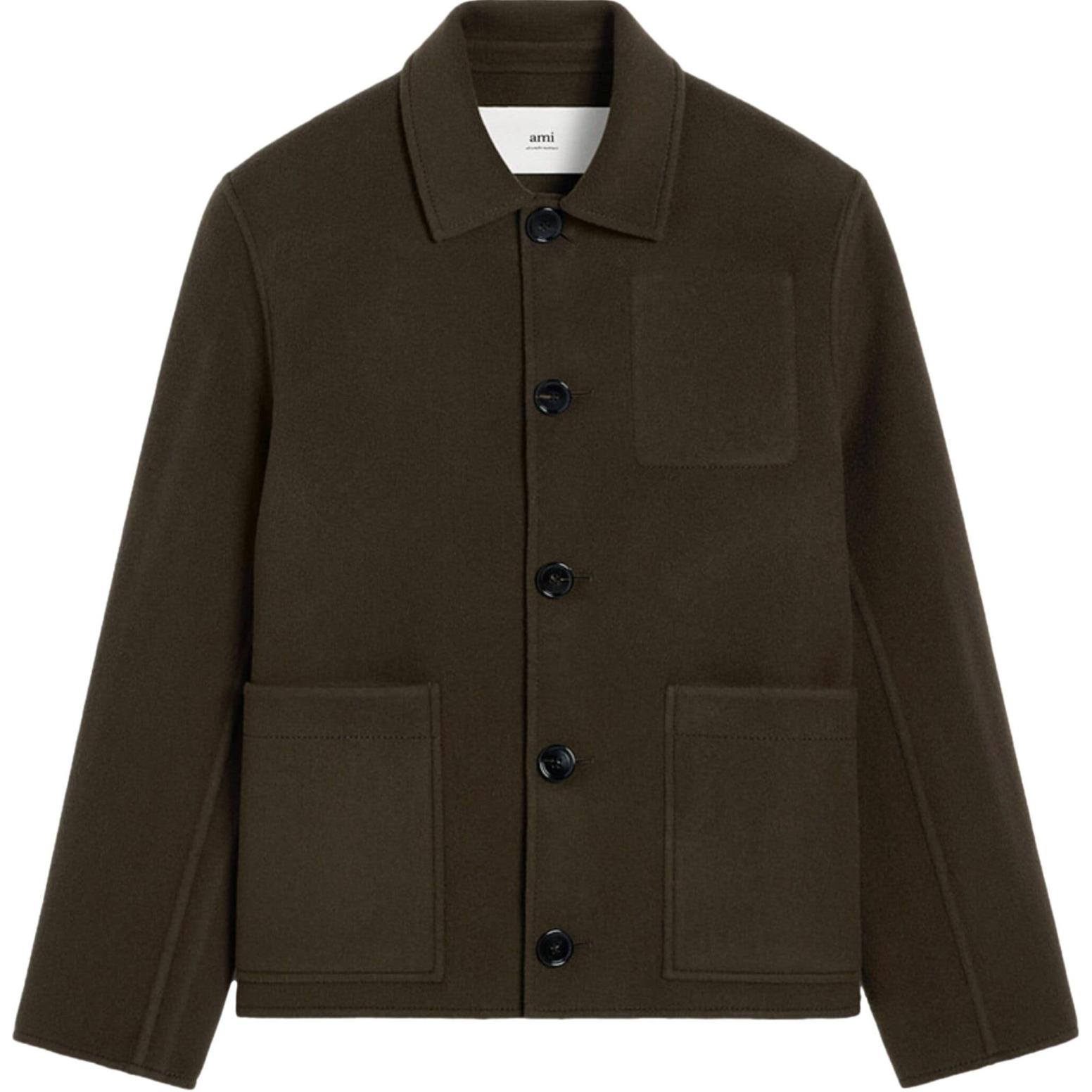 AMI Paris  Double-Sided Wool Long Sleeve Button-Up Jacket Coffee Brown. HJK268WV0022-BROWN