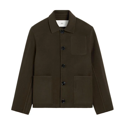 AMI Paris Double-Sided Wool Long Sleeve Button-Up Jacket Coffee Brown. HJK268WV0022-BROWN