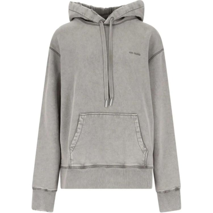 AMI PARIS  Grey Pullover Hoodie - Solid Color Long Sleeve Casual Style USW216JE0052-263