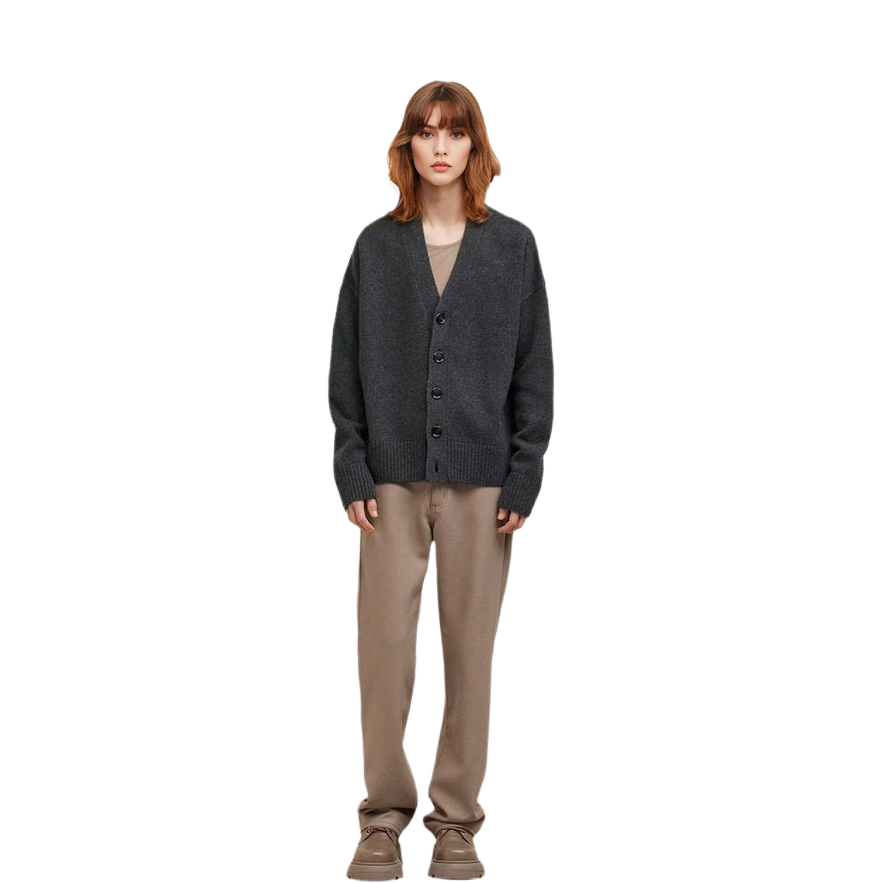 Lookbook アミ パリス グレー Vネック ボタンアップ ルーズ カーディガン セーター UKC110KN0028-055