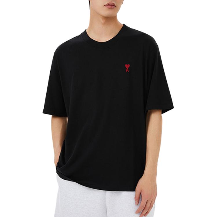 Shop 아미 파리 루즈핏 하트 로고 자수 블랙 티셔츠 BFUTS005726-001