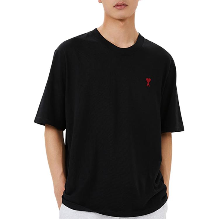 Cheap 아미 파리 루즈핏 하트 로고 자수 블랙 티셔츠 BFUTS005726-001