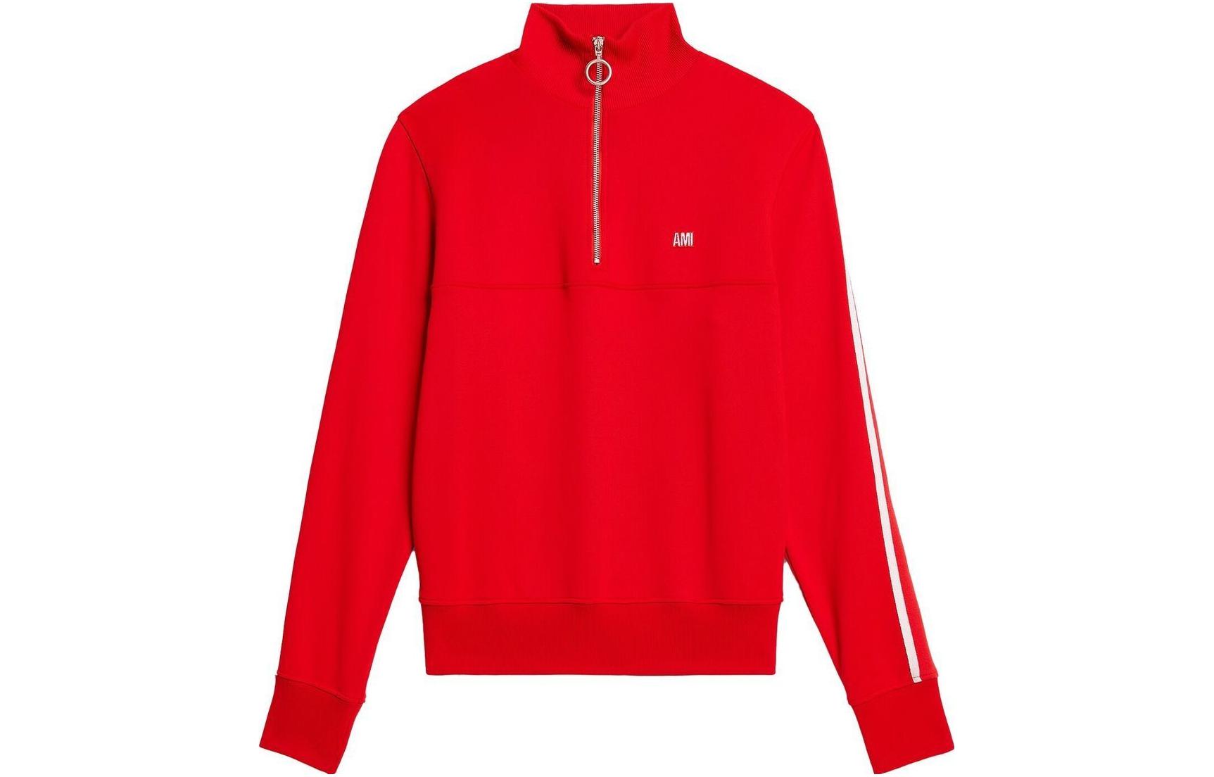 AMI PARIS  Navy Zip-Up Sweatshirt with Striped Trim & Logo Design HSW518JE0005-681