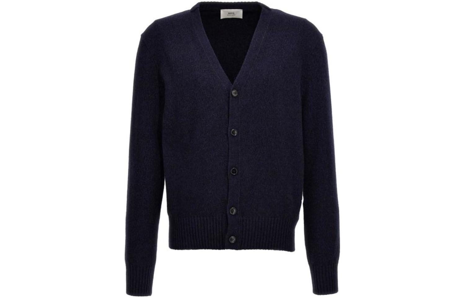 AMI PARIS  Solid V-Neck Cardigan Sweater Blue HKC127005-430