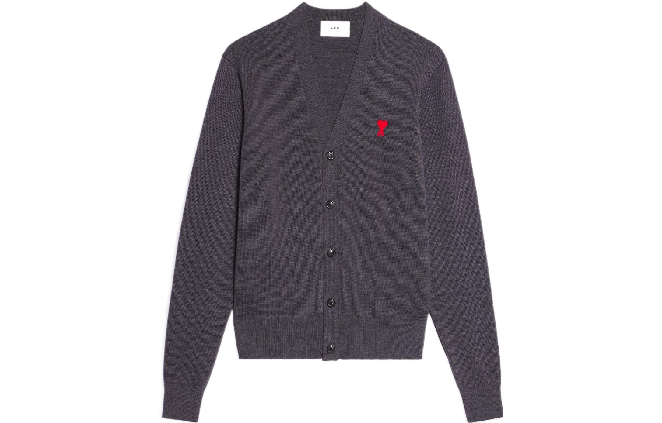 AMI PARIS  V-Neck Button-Up Relaxed Fit Long Sleeve Sweater Dark Grey HKC001-001055