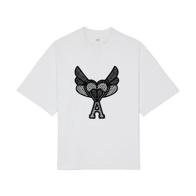 AMI PARIS White Heart Wing Embroidered Crew Neck T-Shirt H21HJ123-79100