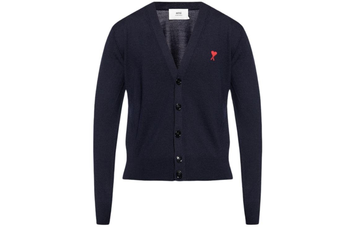 Ami Paris AMI De Coeur  SS24 Merino Wool Cardigan Sweater Navy Blue HKC111KN0025-430