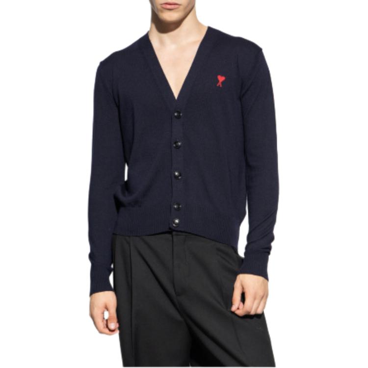 Shop Ami Paris AMI De Coeur SS24 美麗諾羊毛開衫毛衣 深藍色 HKC111KN0025-430