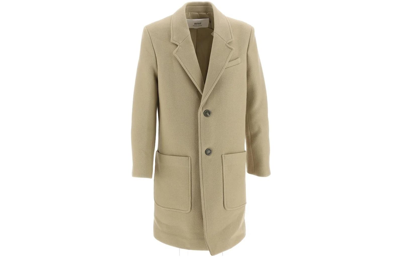 Ami Paris AMIPARIS  Beige Single-Breasted Long Coat with Plain Lapel. HCO005WV0020-265