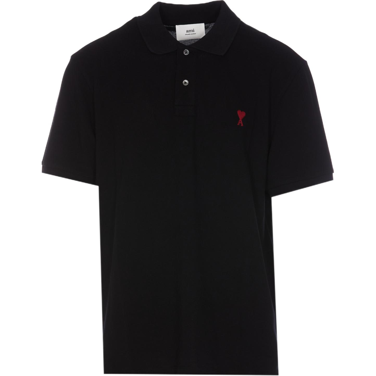 Ami Paris AMIPARIS  Black Polo Shirt with Embroidered Logo and Button Placket. UPL001760-001