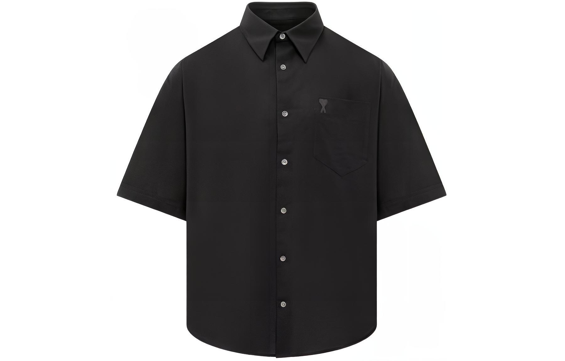 Ami Paris AMIPARIS  Black Short Sleeve Shirt with Embroidered Logo and Classic Collar HSH240CO0062-001