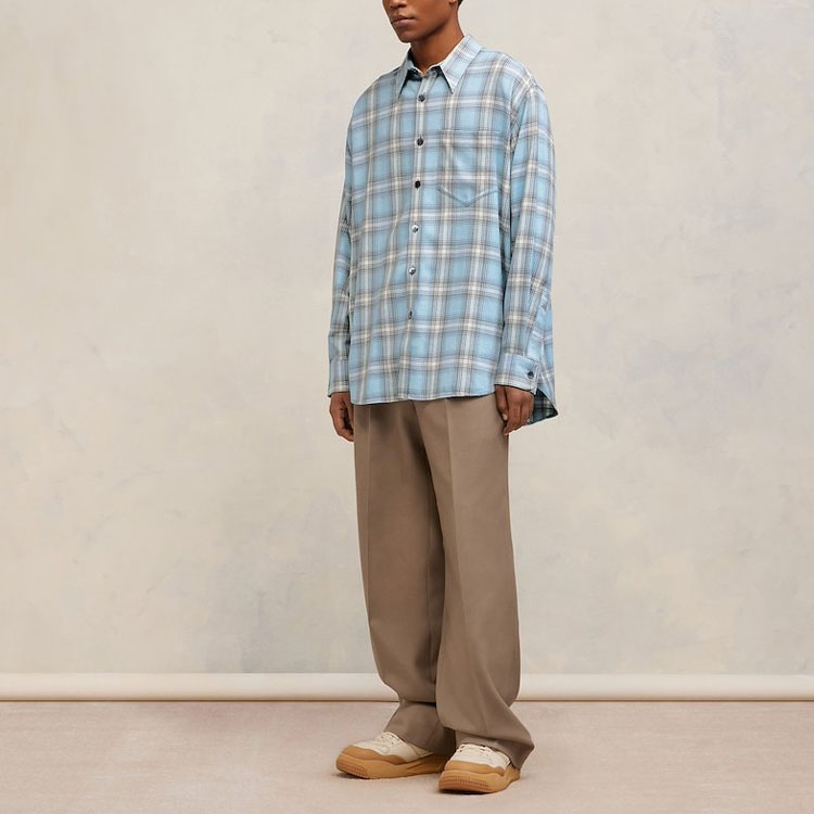 Purchase Ami Paris Kemeja Lengan Panjang Kotak Biru Butang Depan HJK228VI0010-445