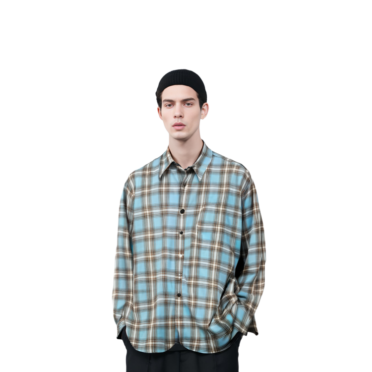 Details for Ami Paris Kemeja Lengan Panjang Kotak Biru Butang Depan HJK228VI0010-445