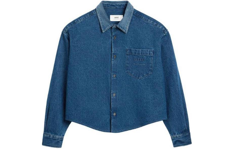 Ami Paris AMIPARIS  Blue Solid Color Button-Up Cropped Long Sleeve Shirt HSH136DE0025480