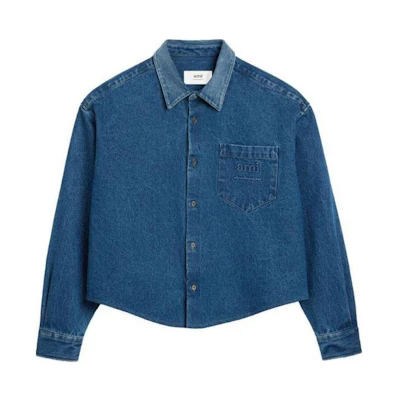 Ami Paris AMIPARIS Blue Solid Color Button-Up Cropped Long Sleeve Shirt HSH136DE0025480