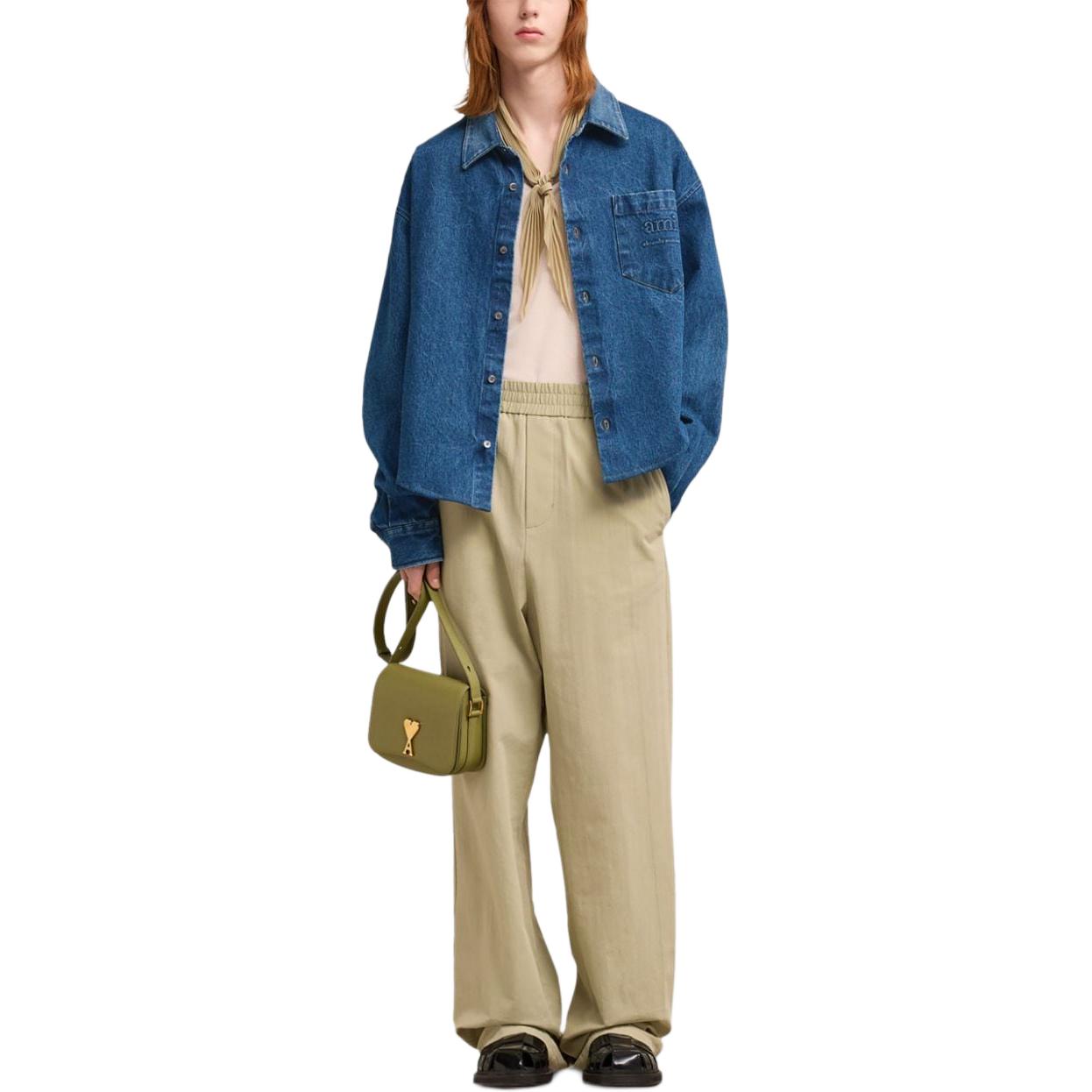 Lookbook 아미파리 블루 솔리드 컬러 버튼업 크롭 긴팔 셔츠 HSH136DE0025480