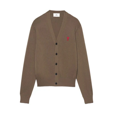 Ami Paris AMIPARIS Brown Knit Cardigan with Heart Embroidery and Button Closure E22HKC001001281