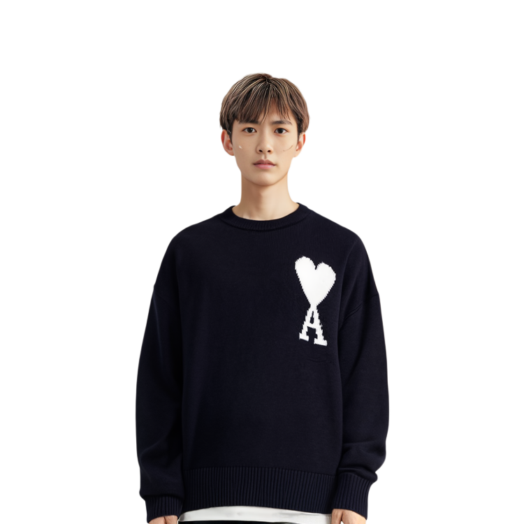 Sizing Ami Paris AMIPARIS 深藍長袖圓領針織毛衣 UKS002018-493