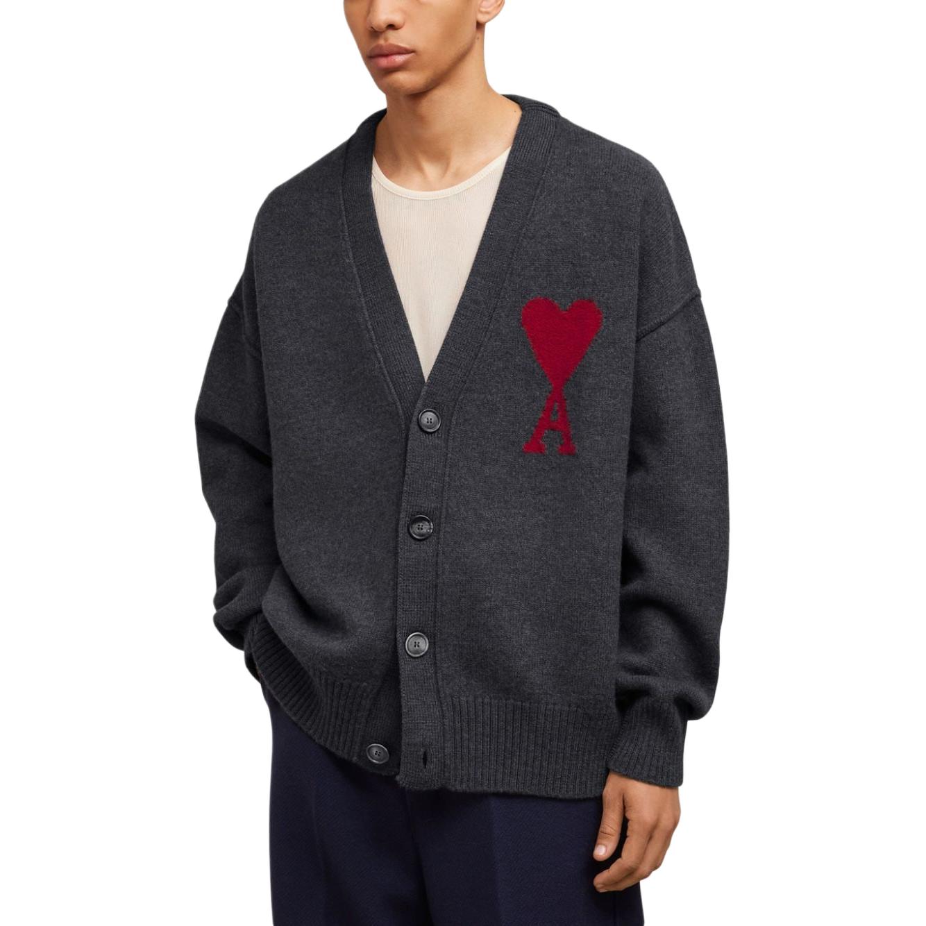 Ami Paris AMIPARIS  Gray V-Neck Cardigan with Solid Logo Embroidery. H23BFUKC006-018 圖 4