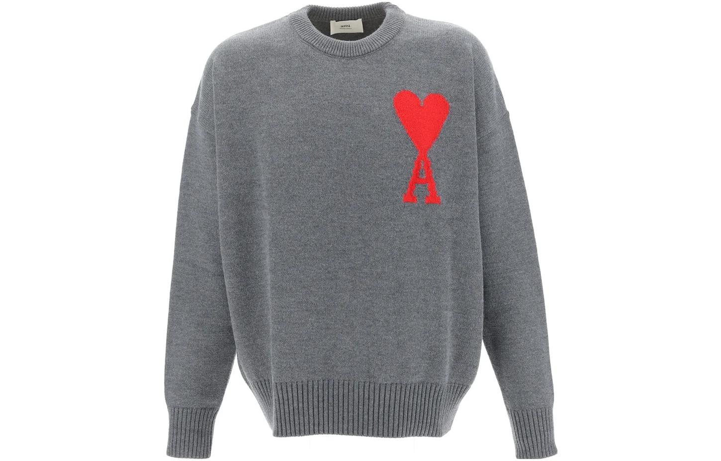 Ami Paris AMIPARIS  Grey Graphic Print Loose-Fit Crewneck Sweater. UKS002018GREYRED