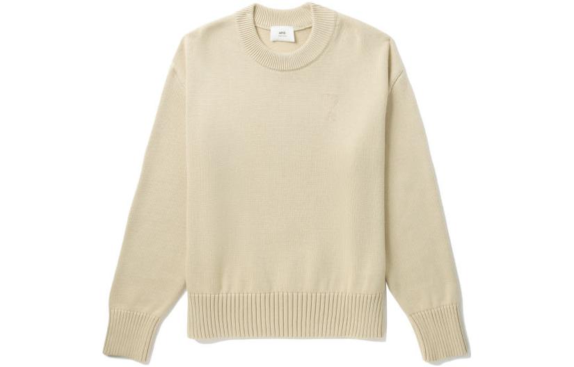 Ami Paris AMIPARIS  Logo Embroidered Knit Sweater Beige Casual Fit. UKS008016