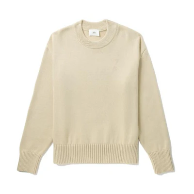 Ami Paris AMIPARIS Logo Embroidered Knit Sweater Beige Casual Fit. UKS008016
