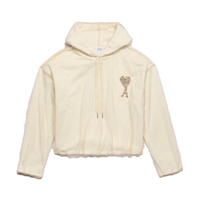 Ami Paris AMIPARIS Loose Fit Hoodie with Heart Logo in Champagne Color. USW221PA0018268
