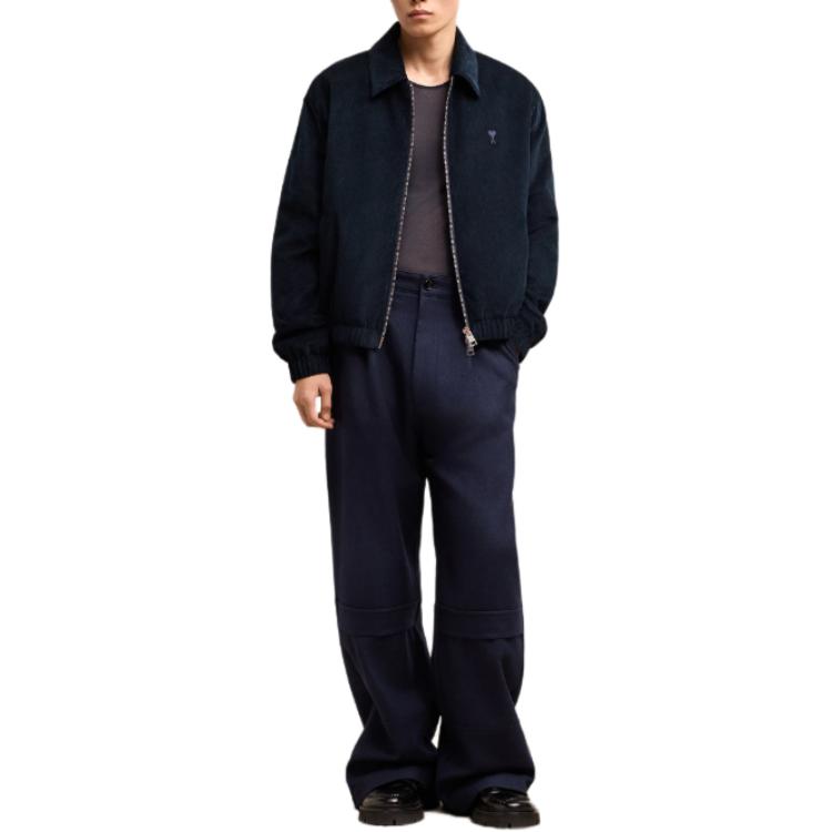 Shop Ami Paris AMIPARIS  Navy Blue Corduroy Heart Embroidered Cotton Pilot Jacket. HJK037-CO0089-4011