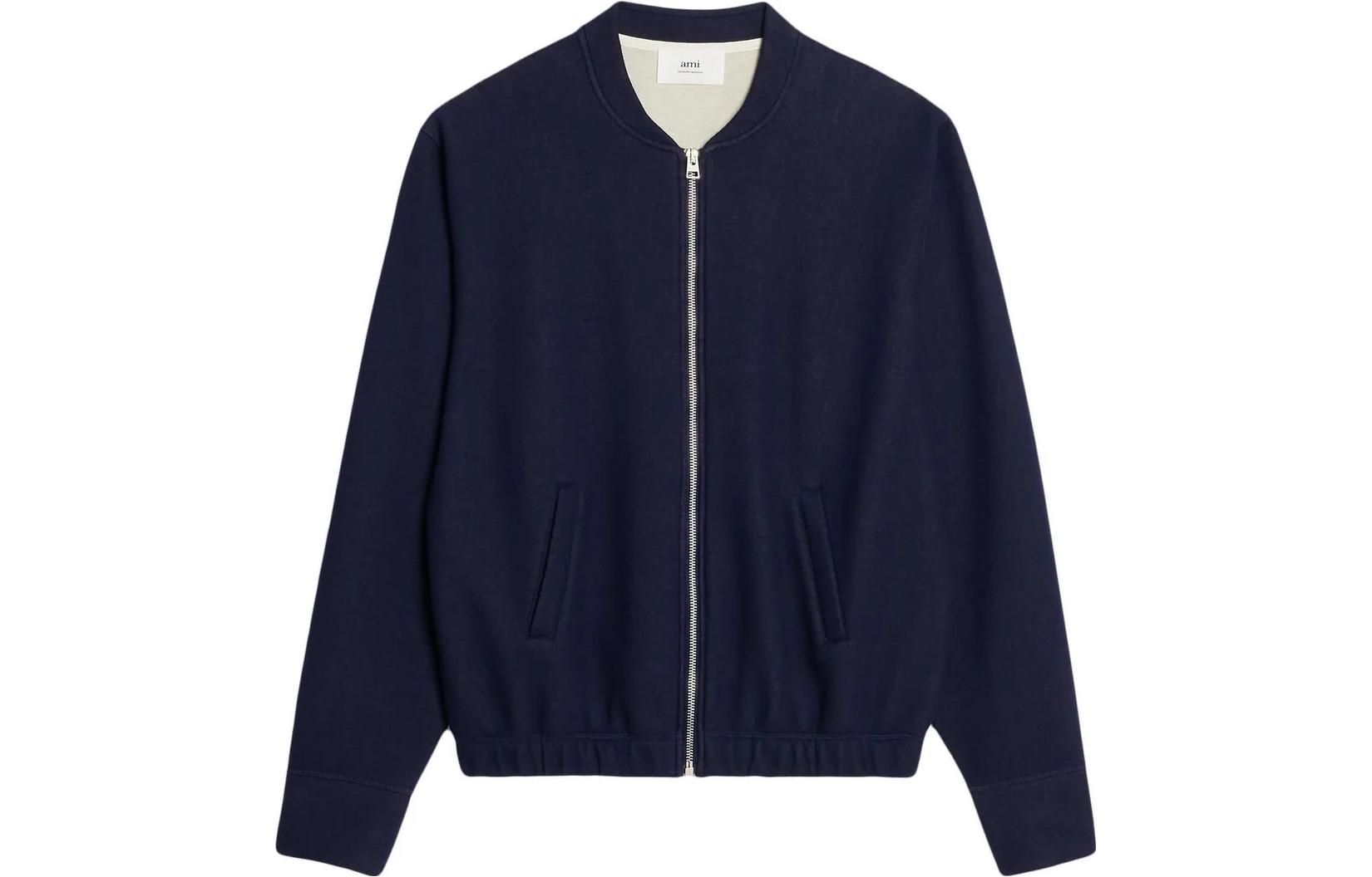 Ami Paris AMIPARIS  Navy Blue Solid Zipper Long Sleeve Jacket. HJK015750-491