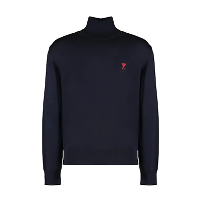 Ami Paris AMIPARIS Navy Blue Turtleneck Sweater with Heart Embroidery Design. HKS411KN0025-430