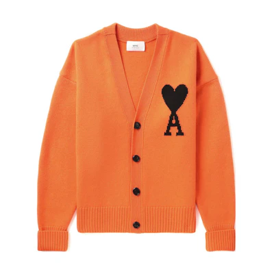 Ami Paris AMIPARIS Orange V-Neck Oversized Knitted Sweater with Intarsia Design SPEUKC002-018-805