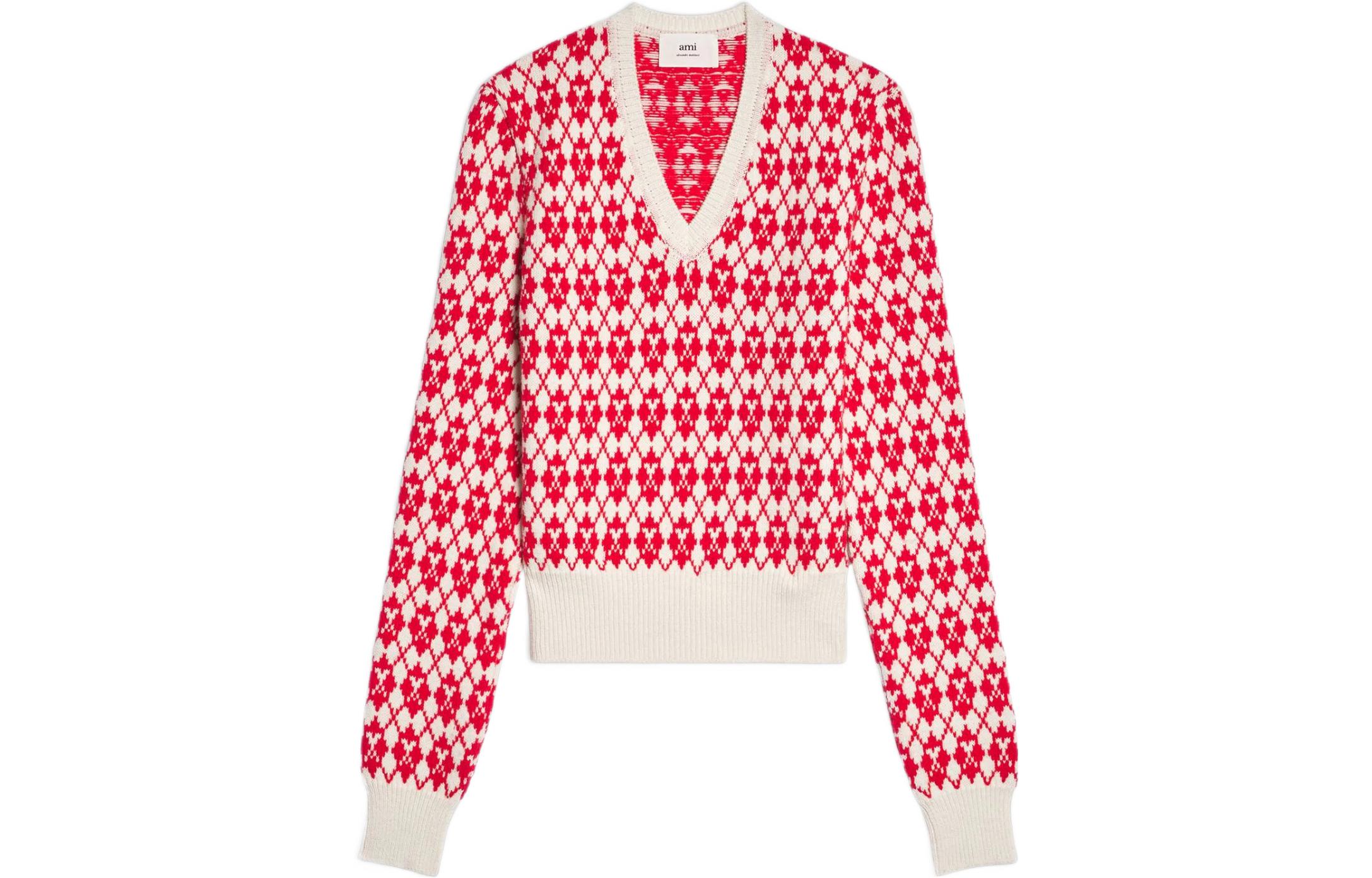 Ami Paris AMIPARIS  Red Jacquard V-Neck Knit Sweater Long Sleeve Fall Edition. HKS230-030154