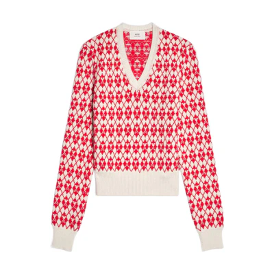 Ami Paris AMIPARIS Red Jacquard V-Neck Knit Sweater Long Sleeve Fall Edition. HKS230-030154