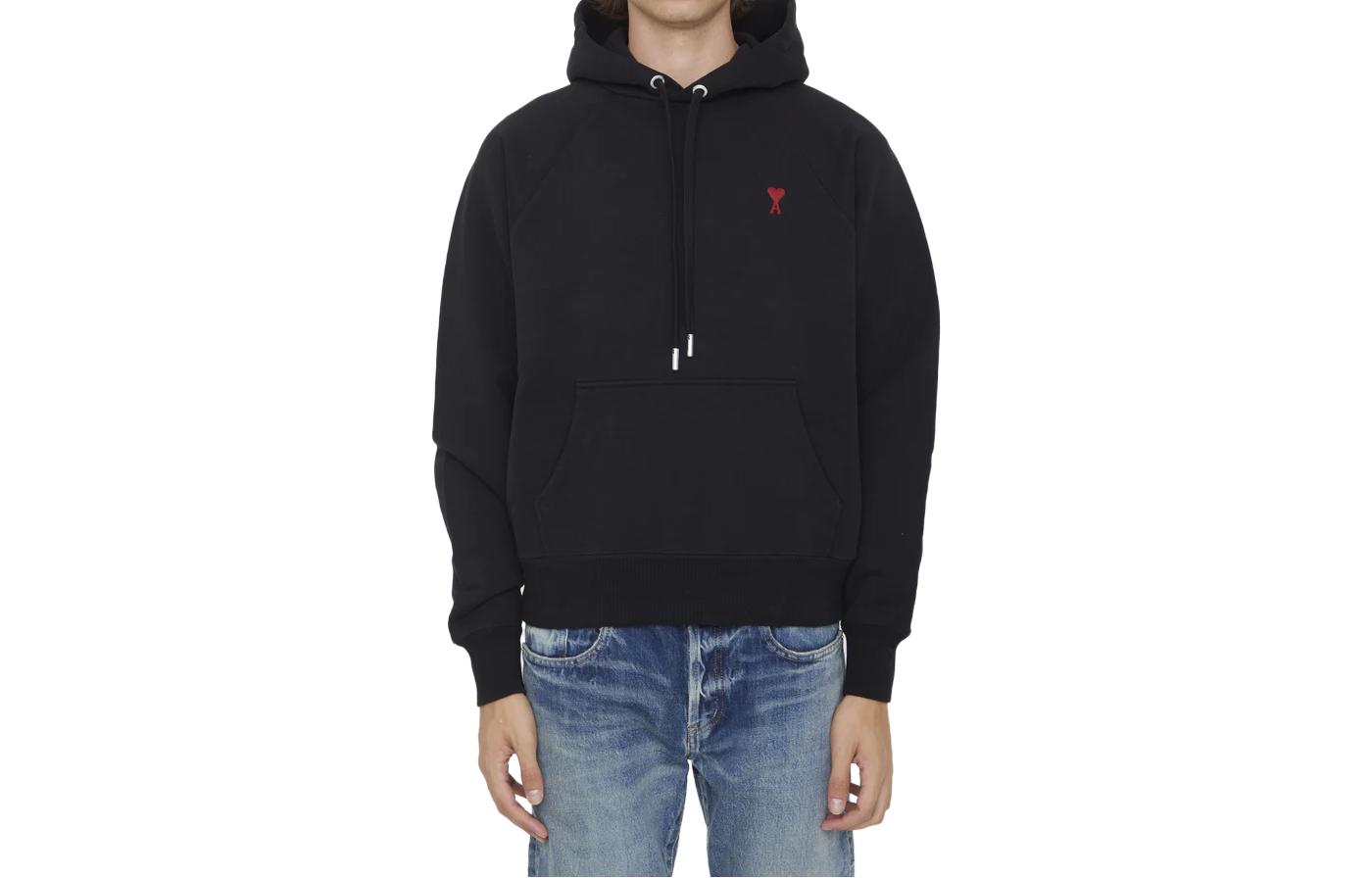 Ami Paris AMIPARIS Black Cotton Pullover Hoodie with Red Heart Embroidery BFUSW205747-001