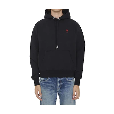 Ami Paris AMIPARIS Black Cotton Pullover Hoodie with Red Heart Embroidery BFUSW205747-001
