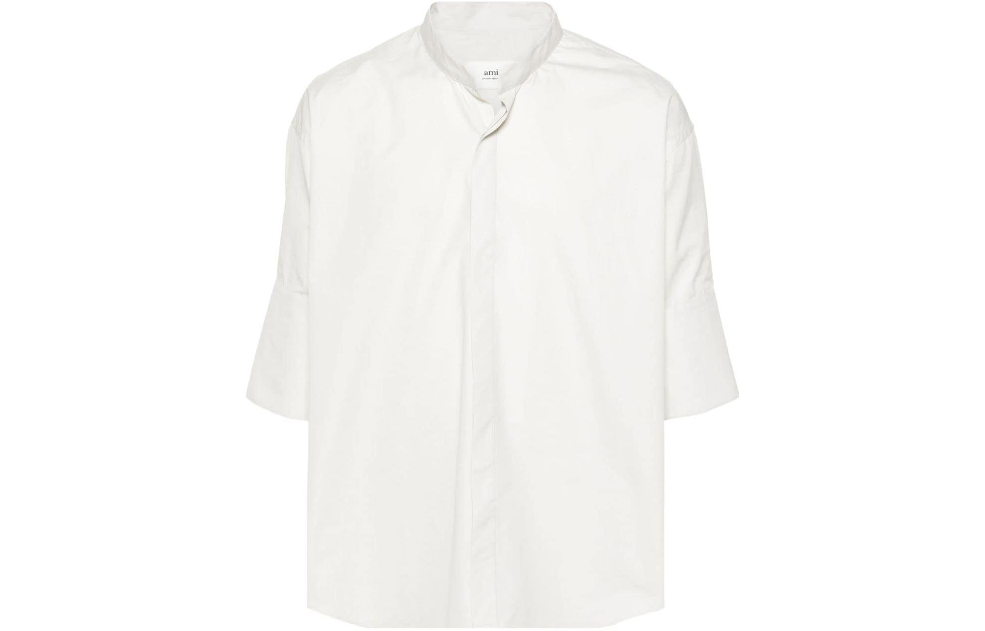 Ami Paris AMIPARIS Curved Hem Single Breasted 3/4 Sleeve  Shirt Light Gray USH218CO0063-193