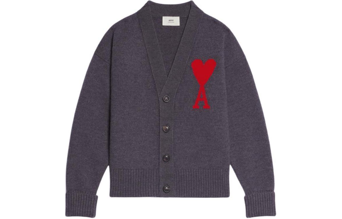 Ami Paris AMIPARIS De Coeur Grey V-Neck Cardigan with Heart Pattern Unisex Knit Sweater. UKC002-018