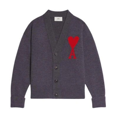 Ami Paris AMIPARIS De Coeur Grey V-Neck Cardigan with Heart Pattern Unisex Knit Sweater. UKC002-018