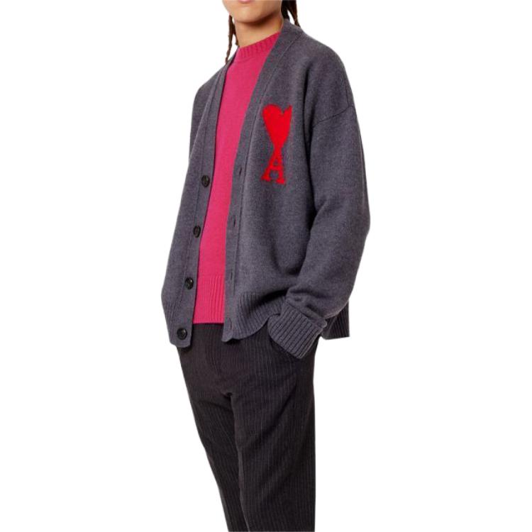 Ami Paris AMIPARIS De Coeur Grey V-Neck Cardigan with Heart Pattern Unisex Knit Sweater. UKC002-018 圖 3