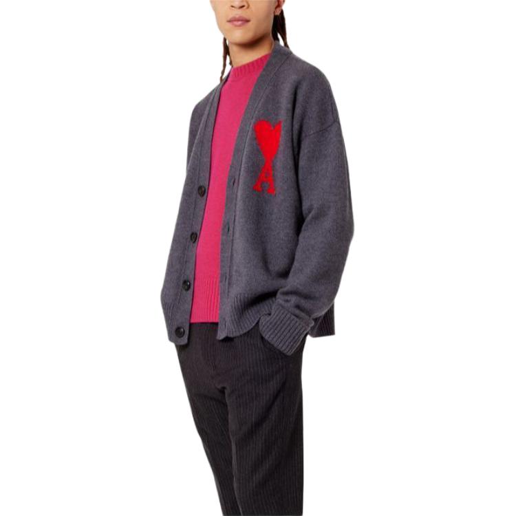 Ami Paris AMIPARIS De Coeur Grey V-Neck Cardigan with Heart Pattern Unisex Knit Sweater. UKC002-018 圖 5