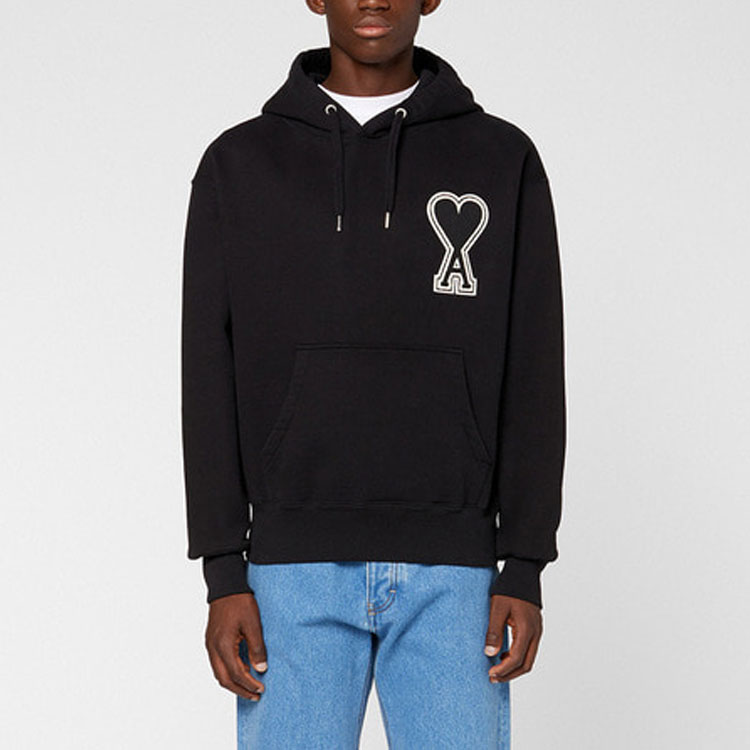 Shop Ami Paris AMIPARIS 刺绣Logo男女同款黑色套头卫衣. A20HJ057-747