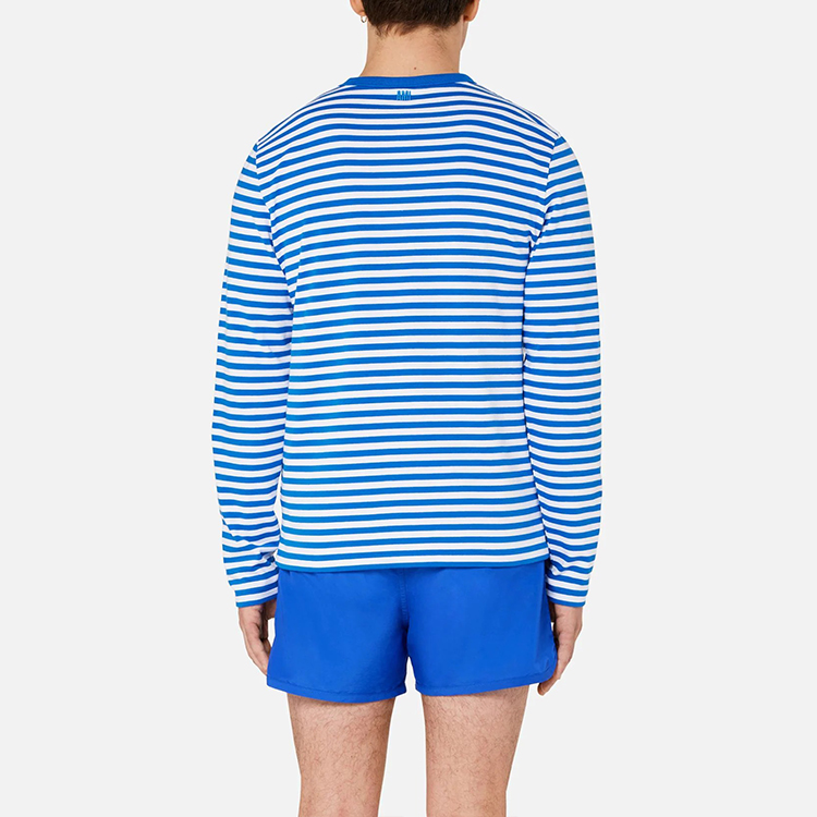 Shop Ami Paris AMIPARIS FW21 蓝白拼色条纹长袖休闲T恤 A21HJ10672-406